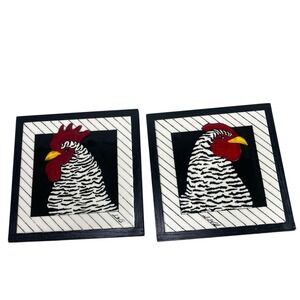 2 Susan‎ Lilly Handmade Tile Rooster Wall Decor Art Black White Red Farmhouse